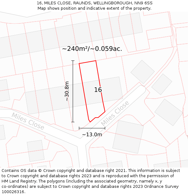 16, MILES CLOSE, RAUNDS, WELLINGBOROUGH, NN9 6SS: Plot and title map
