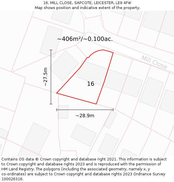 16, MILL CLOSE, SAPCOTE, LEICESTER, LE9 4FW: Plot and title map