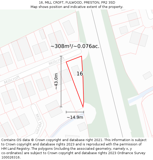 16, MILL CROFT, FULWOOD, PRESTON, PR2 3SD: Plot and title map
