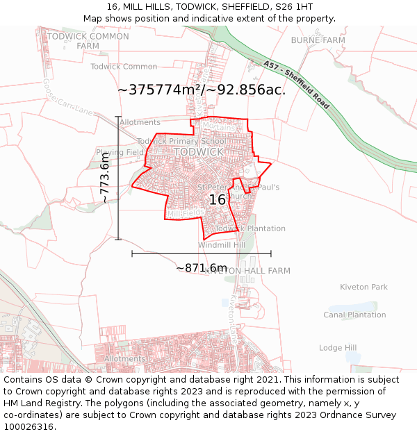 16, MILL HILLS, TODWICK, SHEFFIELD, S26 1HT: Plot and title map