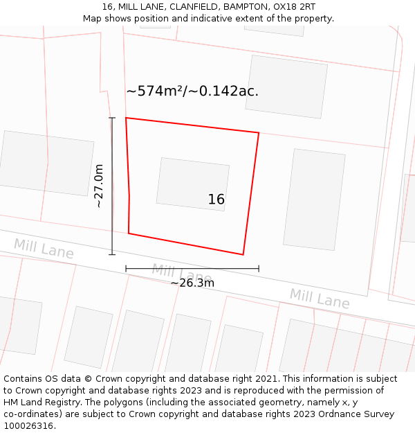 16, MILL LANE, CLANFIELD, BAMPTON, OX18 2RT: Plot and title map