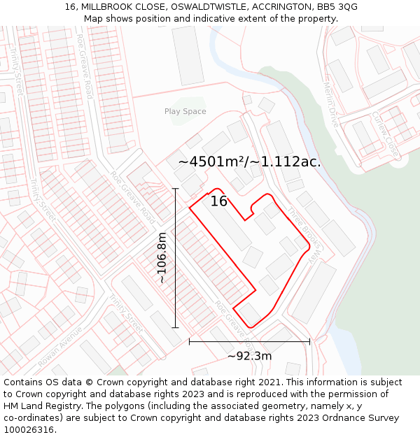 16, MILLBROOK CLOSE, OSWALDTWISTLE, ACCRINGTON, BB5 3QG: Plot and title map