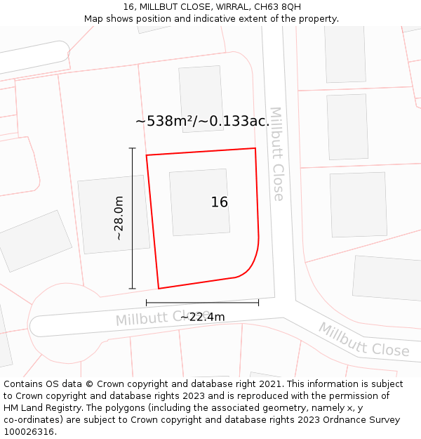 16, MILLBUT CLOSE, WIRRAL, CH63 8QH: Plot and title map