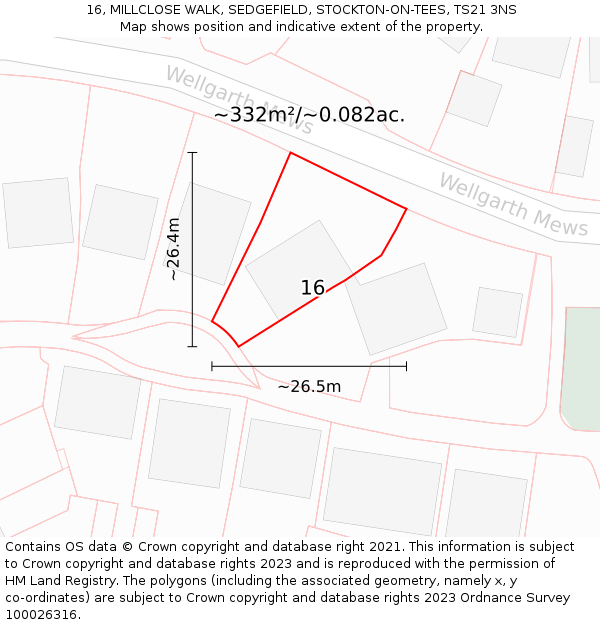16, MILLCLOSE WALK, SEDGEFIELD, STOCKTON-ON-TEES, TS21 3NS: Plot and title map