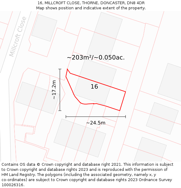 16, MILLCROFT CLOSE, THORNE, DONCASTER, DN8 4DR: Plot and title map