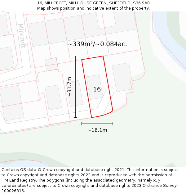 16, MILLCROFT, MILLHOUSE GREEN, SHEFFIELD, S36 9AR: Plot and title map
