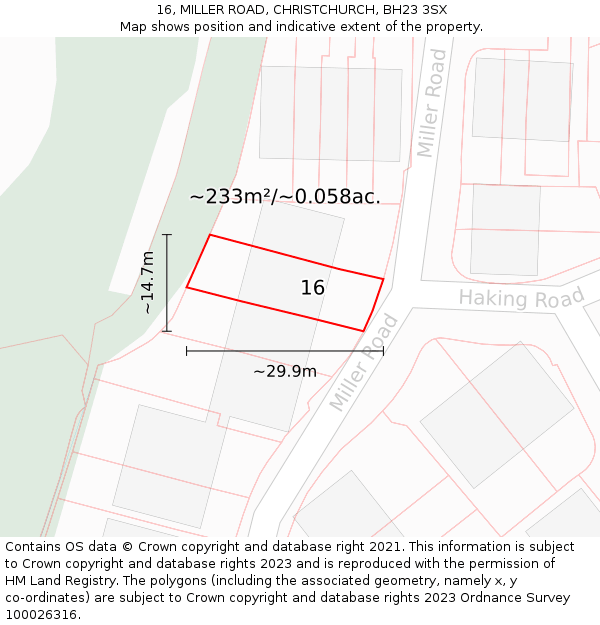 16, MILLER ROAD, CHRISTCHURCH, BH23 3SX: Plot and title map