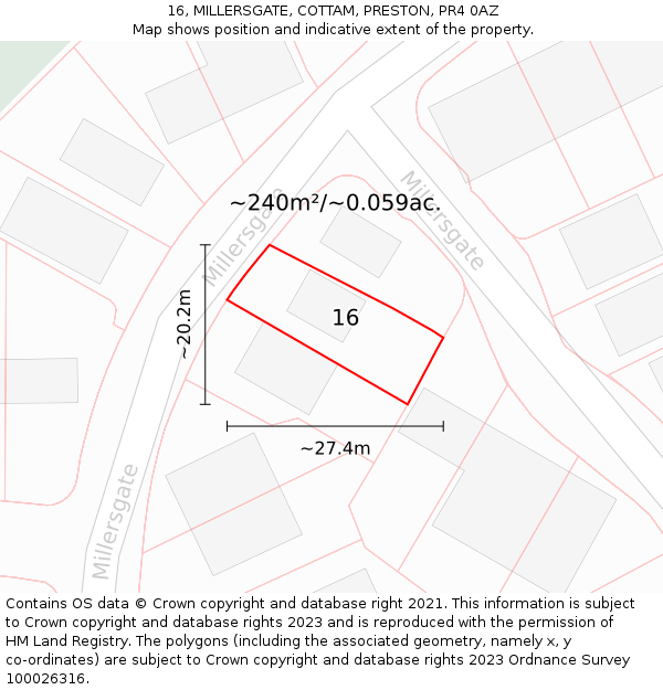 16, MILLERSGATE, COTTAM, PRESTON, PR4 0AZ: Plot and title map