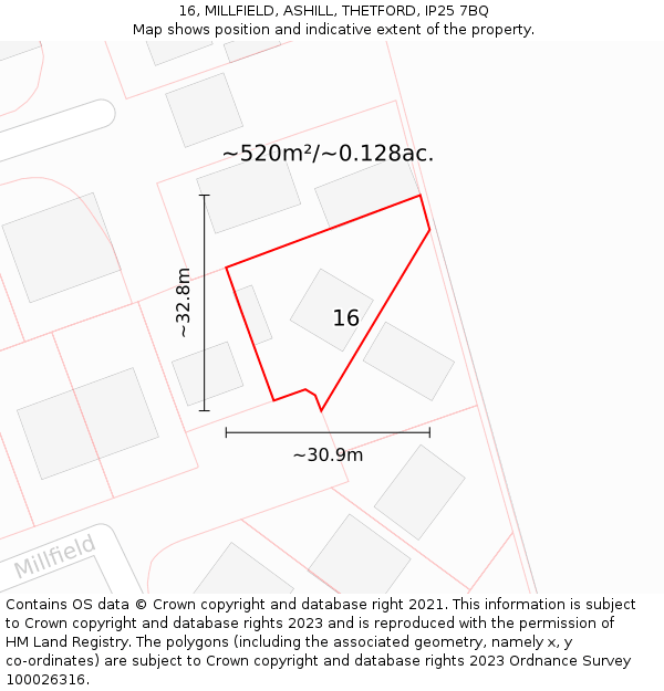 16, MILLFIELD, ASHILL, THETFORD, IP25 7BQ: Plot and title map
