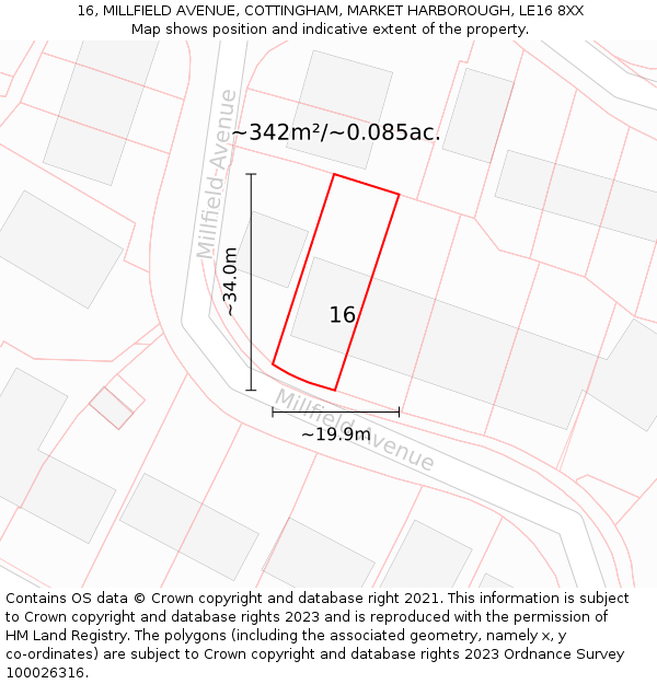 16, MILLFIELD AVENUE, COTTINGHAM, MARKET HARBOROUGH, LE16 8XX: Plot and title map