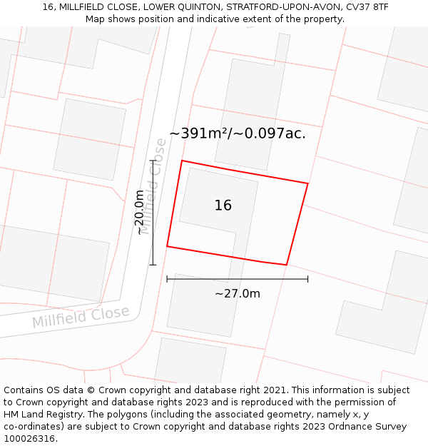 16, MILLFIELD CLOSE, LOWER QUINTON, STRATFORD-UPON-AVON, CV37 8TF: Plot and title map