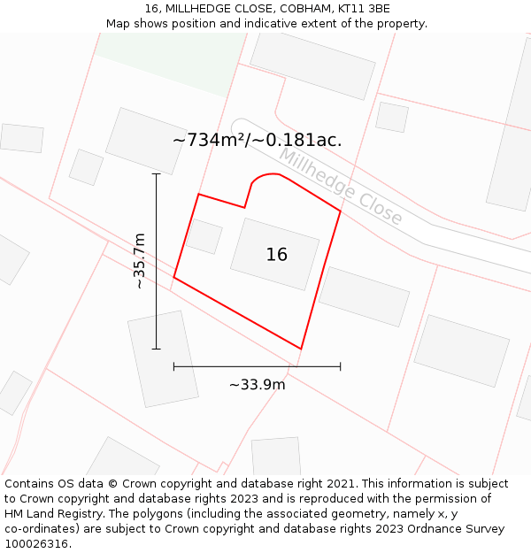 16, MILLHEDGE CLOSE, COBHAM, KT11 3BE: Plot and title map