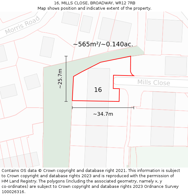 16, MILLS CLOSE, BROADWAY, WR12 7RB: Plot and title map