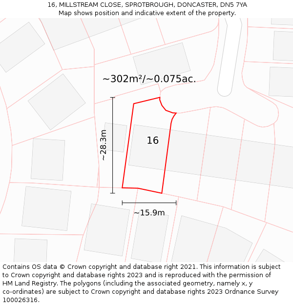 16, MILLSTREAM CLOSE, SPROTBROUGH, DONCASTER, DN5 7YA: Plot and title map