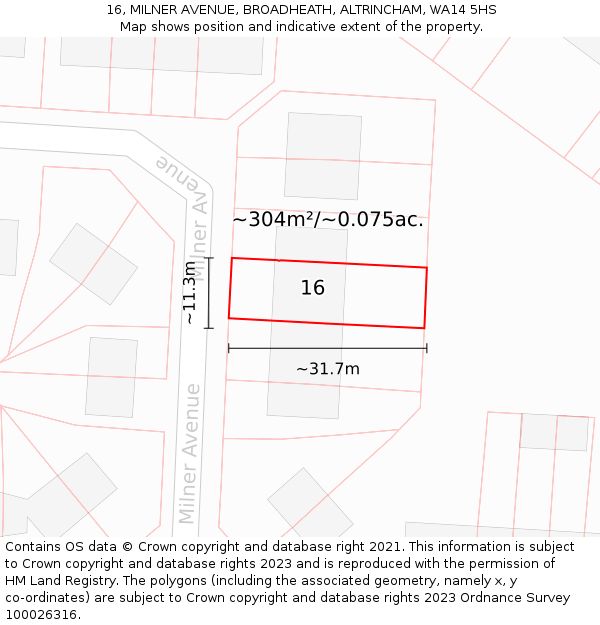 16, MILNER AVENUE, BROADHEATH, ALTRINCHAM, WA14 5HS: Plot and title map
