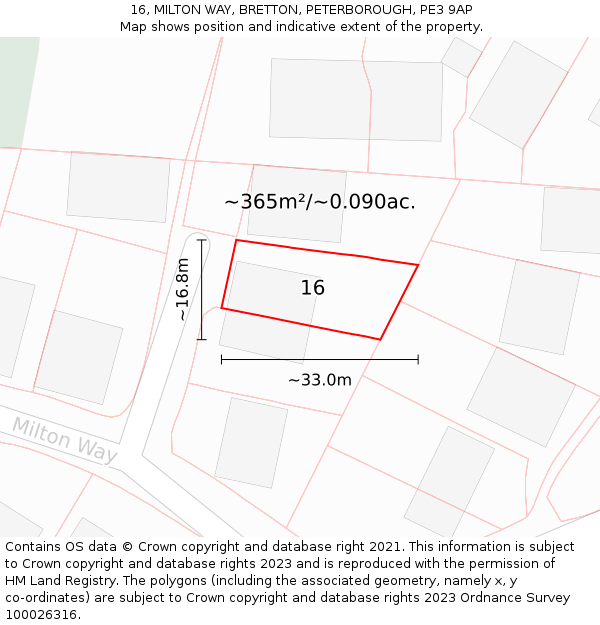 16, MILTON WAY, BRETTON, PETERBOROUGH, PE3 9AP: Plot and title map