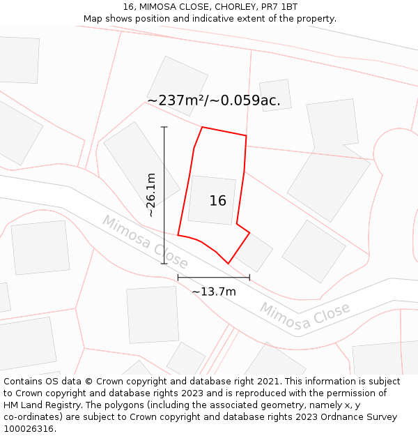 16, MIMOSA CLOSE, CHORLEY, PR7 1BT: Plot and title map