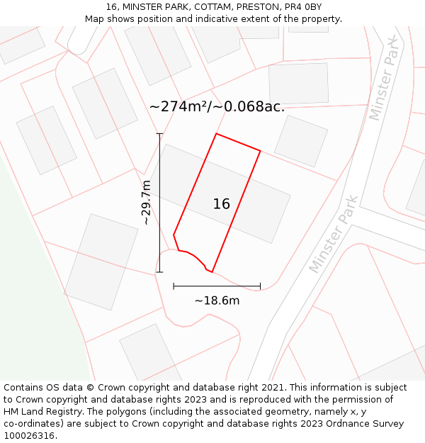16, MINSTER PARK, COTTAM, PRESTON, PR4 0BY: Plot and title map