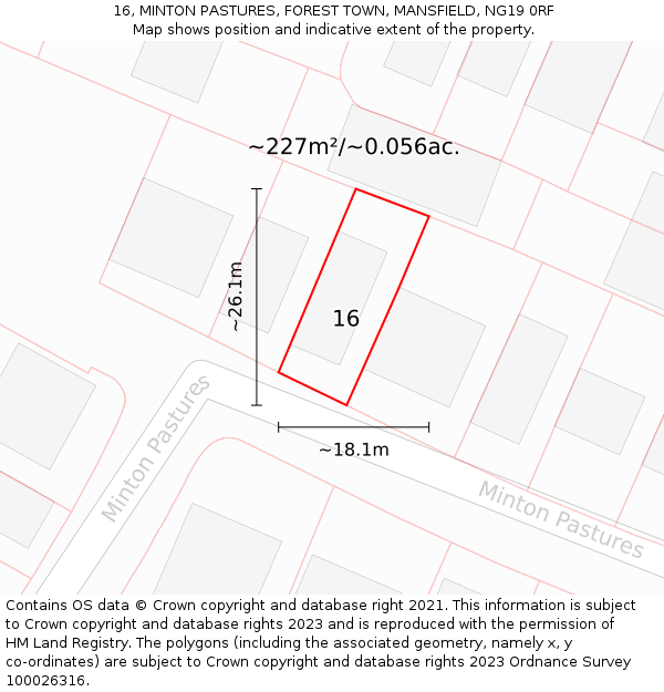 16, MINTON PASTURES, FOREST TOWN, MANSFIELD, NG19 0RF: Plot and title map