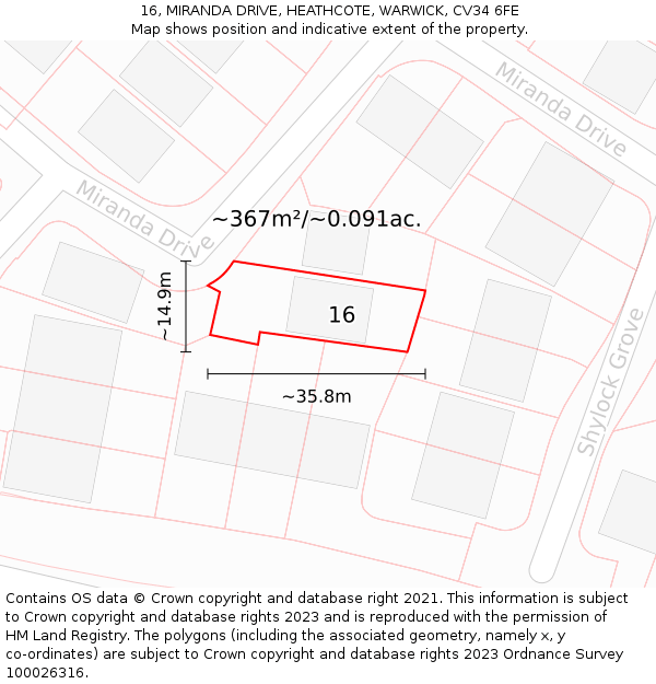 16, MIRANDA DRIVE, HEATHCOTE, WARWICK, CV34 6FE: Plot and title map