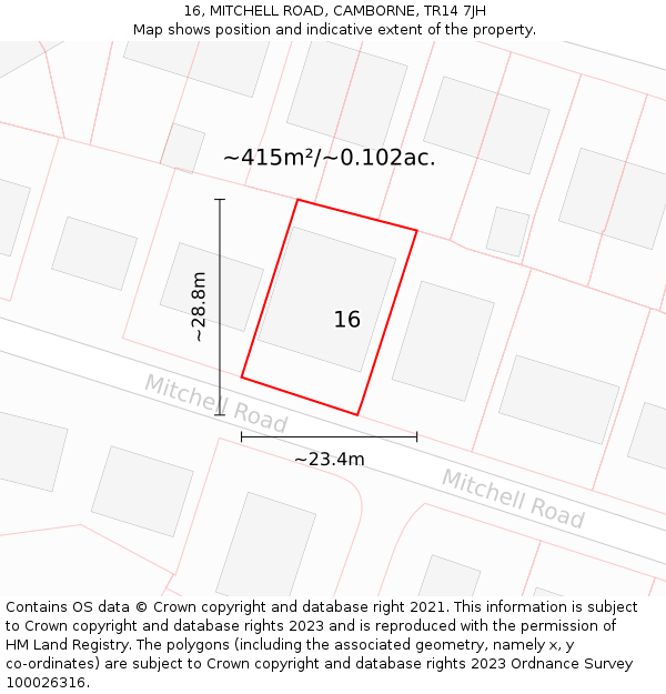 16, MITCHELL ROAD, CAMBORNE, TR14 7JH: Plot and title map