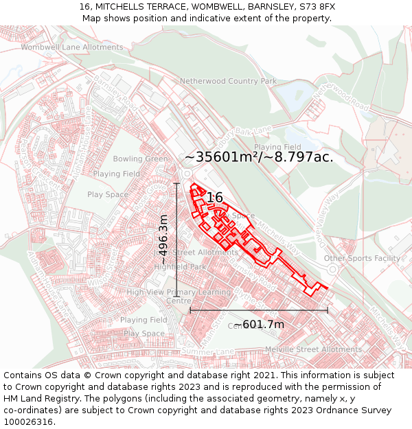16, MITCHELLS TERRACE, WOMBWELL, BARNSLEY, S73 8FX: Plot and title map