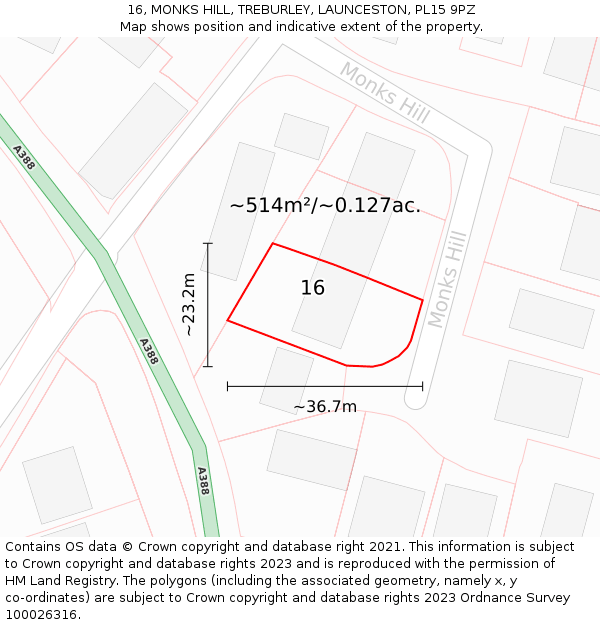 16, MONKS HILL, TREBURLEY, LAUNCESTON, PL15 9PZ: Plot and title map