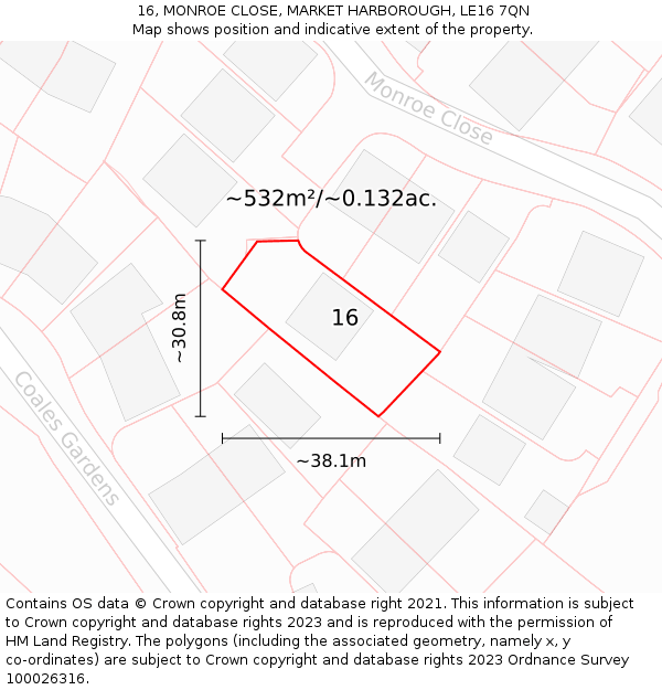 16, MONROE CLOSE, MARKET HARBOROUGH, LE16 7QN: Plot and title map