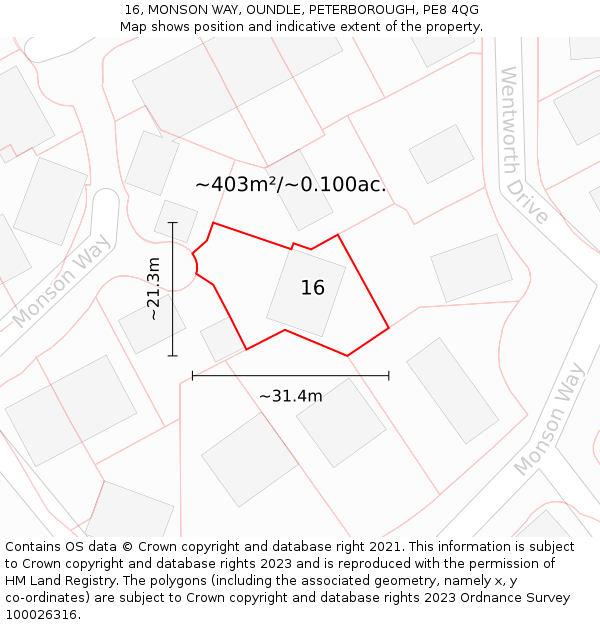 16, MONSON WAY, OUNDLE, PETERBOROUGH, PE8 4QG: Plot and title map