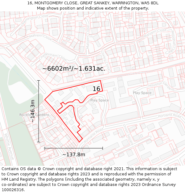 16, MONTGOMERY CLOSE, GREAT SANKEY, WARRINGTON, WA5 8DL: Plot and title map