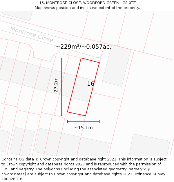 16, MONTROSE CLOSE, WOODFORD GREEN, IG8 0TZ: Plot and title map