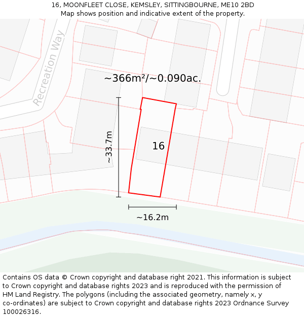 16, MOONFLEET CLOSE, KEMSLEY, SITTINGBOURNE, ME10 2BD: Plot and title map