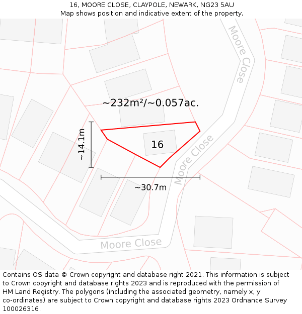 16, MOORE CLOSE, CLAYPOLE, NEWARK, NG23 5AU: Plot and title map