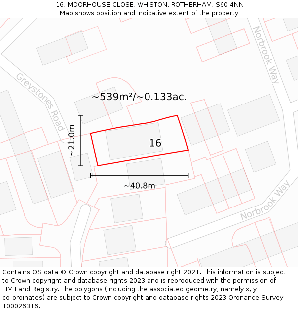 16, MOORHOUSE CLOSE, WHISTON, ROTHERHAM, S60 4NN: Plot and title map