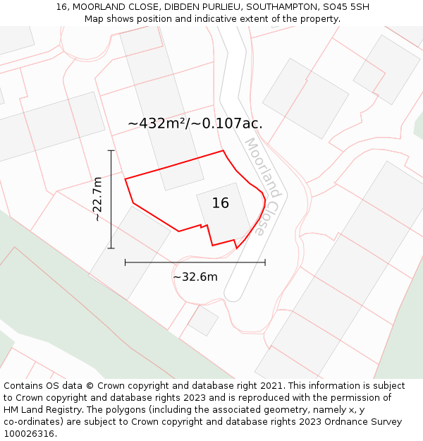 16, MOORLAND CLOSE, DIBDEN PURLIEU, SOUTHAMPTON, SO45 5SH: Plot and title map