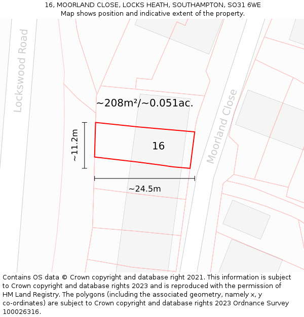 16, MOORLAND CLOSE, LOCKS HEATH, SOUTHAMPTON, SO31 6WE: Plot and title map