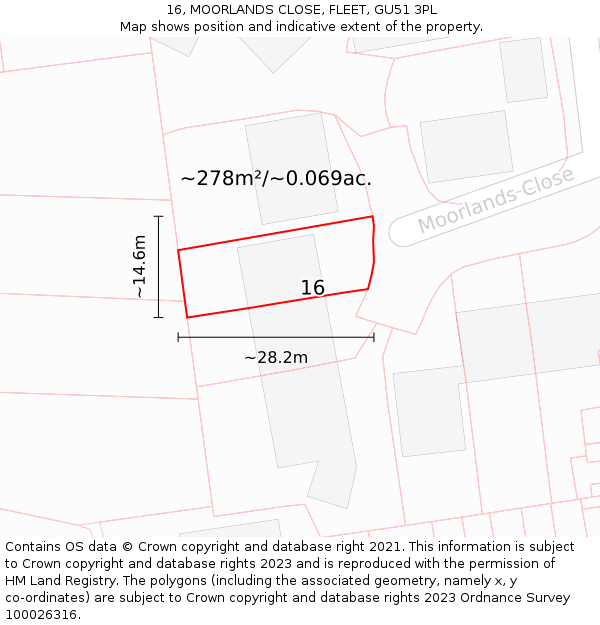 16, MOORLANDS CLOSE, FLEET, GU51 3PL: Plot and title map