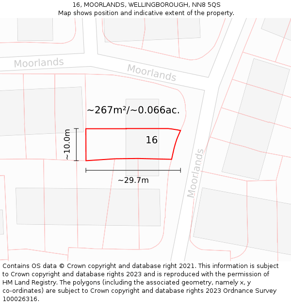 16, MOORLANDS, WELLINGBOROUGH, NN8 5QS: Plot and title map