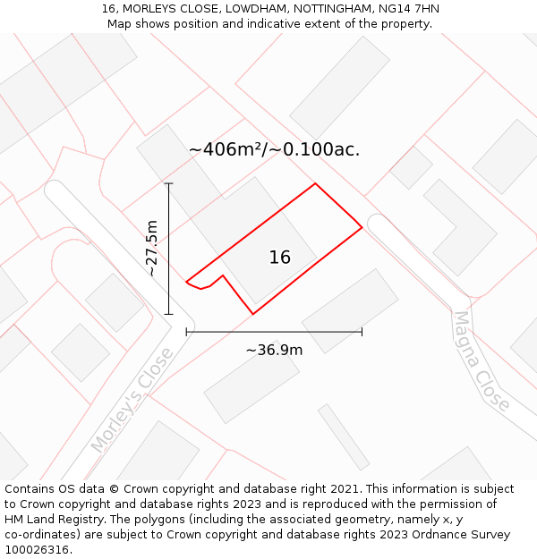 16, MORLEYS CLOSE, LOWDHAM, NOTTINGHAM, NG14 7HN: Plot and title map