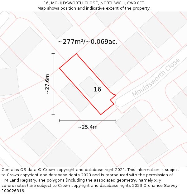 16, MOULDSWORTH CLOSE, NORTHWICH, CW9 8FT: Plot and title map