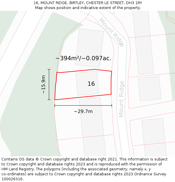 16, MOUNT RIDGE, BIRTLEY, CHESTER LE STREET, DH3 1RY: Plot and title map