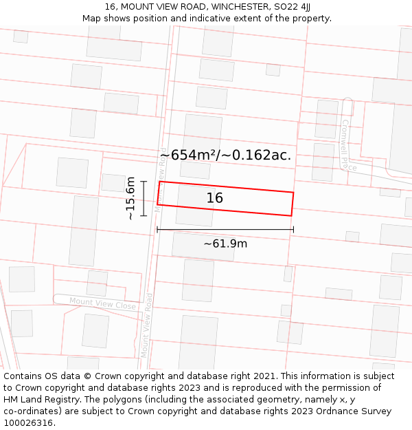 16, MOUNT VIEW ROAD, WINCHESTER, SO22 4JJ: Plot and title map