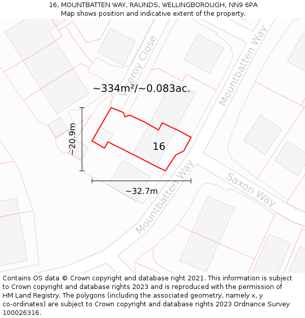 16, MOUNTBATTEN WAY, RAUNDS, WELLINGBOROUGH, NN9 6PA: Plot and title map