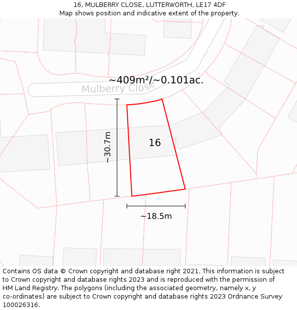 16, MULBERRY CLOSE, LUTTERWORTH, LE17 4DF: Plot and title map