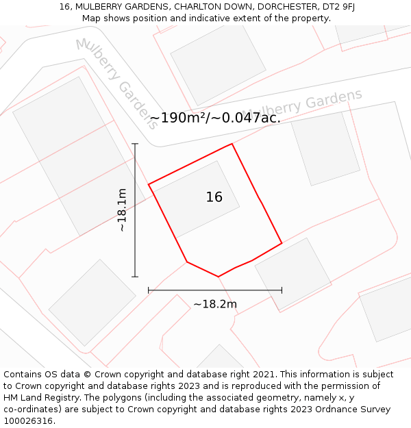 16, MULBERRY GARDENS, CHARLTON DOWN, DORCHESTER, DT2 9FJ: Plot and title map