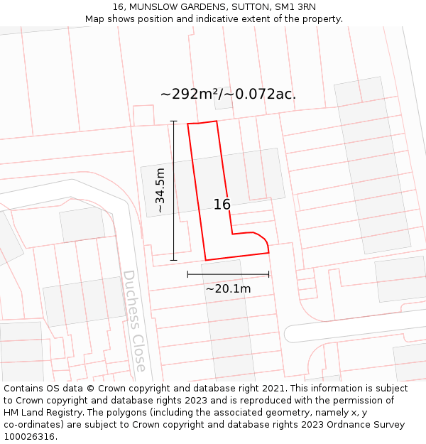 16, MUNSLOW GARDENS, SUTTON, SM1 3RN: Plot and title map