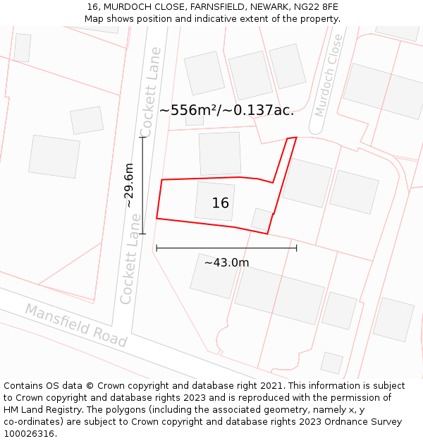 16, MURDOCH CLOSE, FARNSFIELD, NEWARK, NG22 8FE: Plot and title map