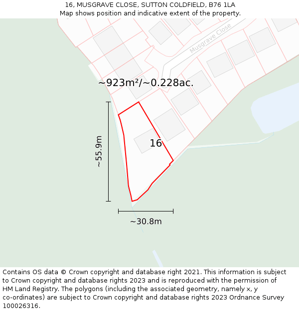 16, MUSGRAVE CLOSE, SUTTON COLDFIELD, B76 1LA: Plot and title map