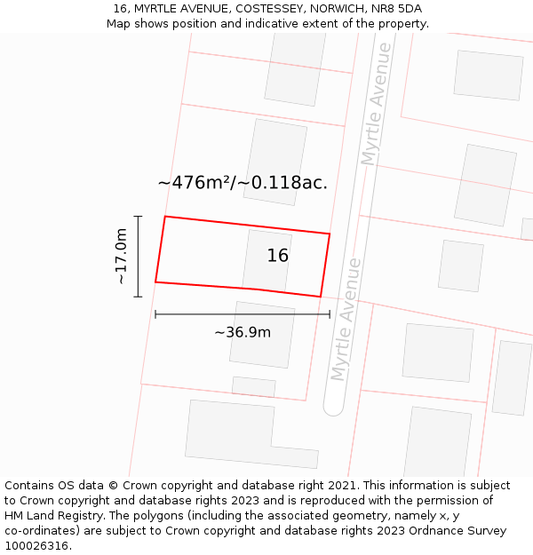 16, MYRTLE AVENUE, COSTESSEY, NORWICH, NR8 5DA: Plot and title map