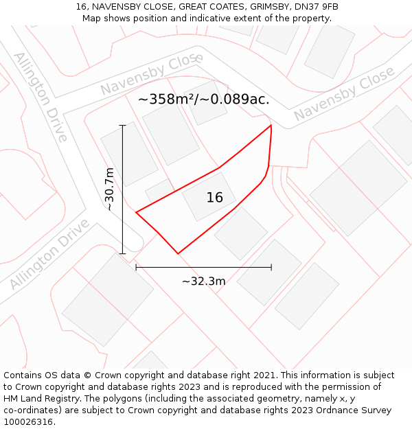 16, NAVENSBY CLOSE, GREAT COATES, GRIMSBY, DN37 9FB: Plot and title map
